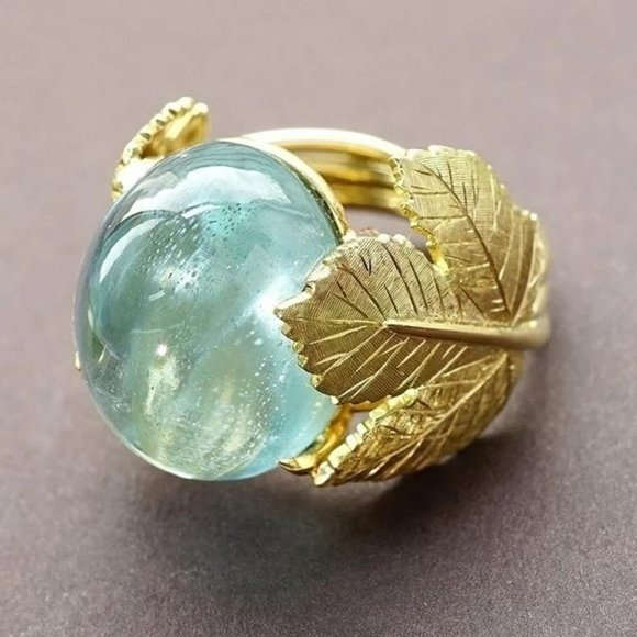 Delicate Gold Metal Leaves Blue Resin Maple Leaf Ring - Picture 3 of 9
